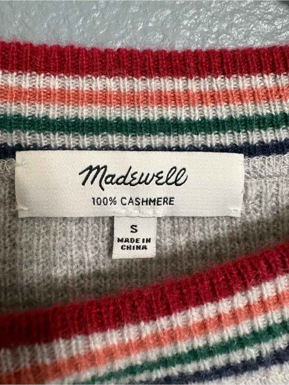 Madewell 100% Cashmere Sweater Striped Trim Gray Cozy Size S Quiet Luxury - Picture 2 of 6